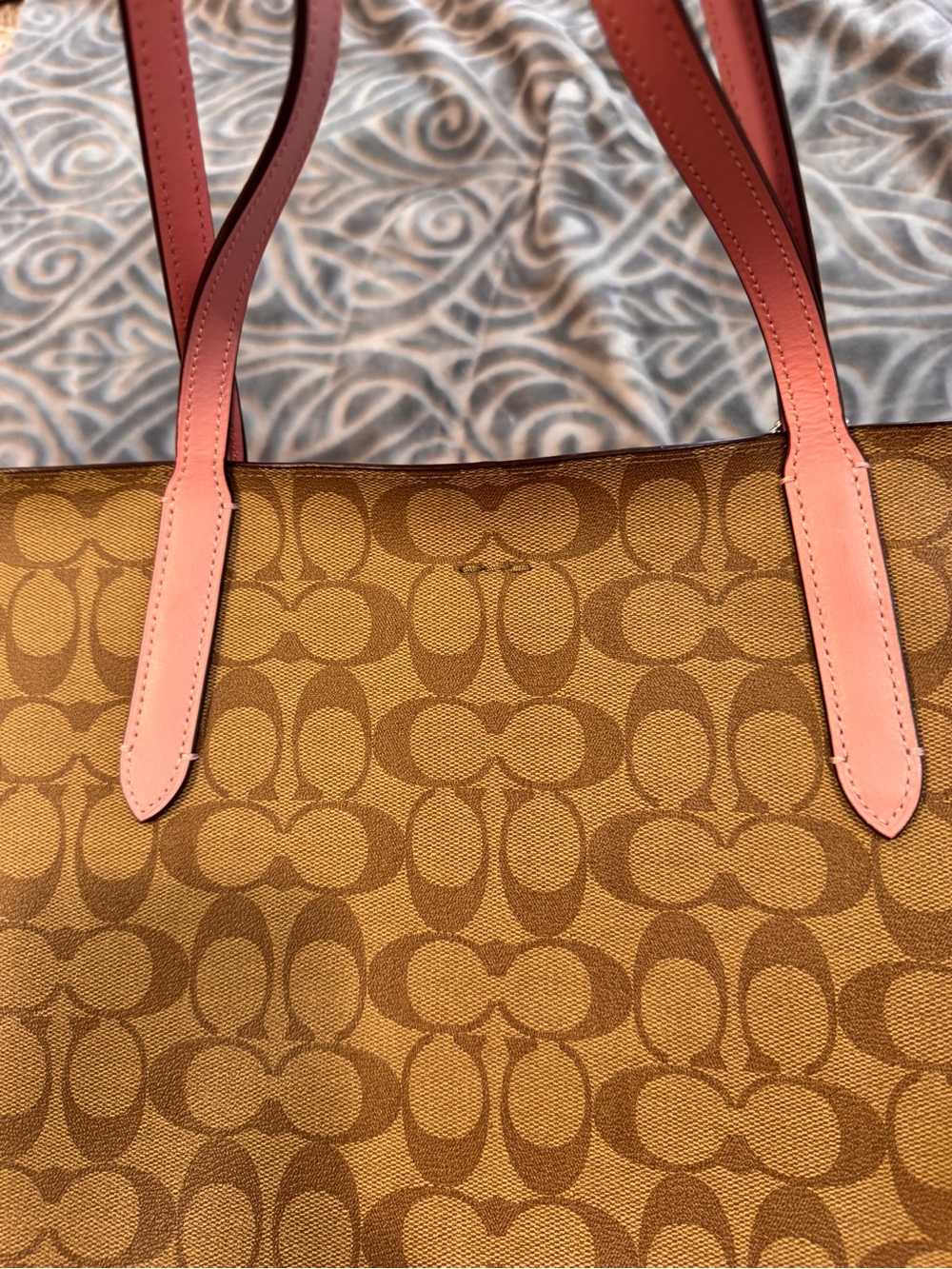 SALE! Coach Signature Large Tote Khaki & Pink Leather Pink Interior Authentic - Picture 8 of 9